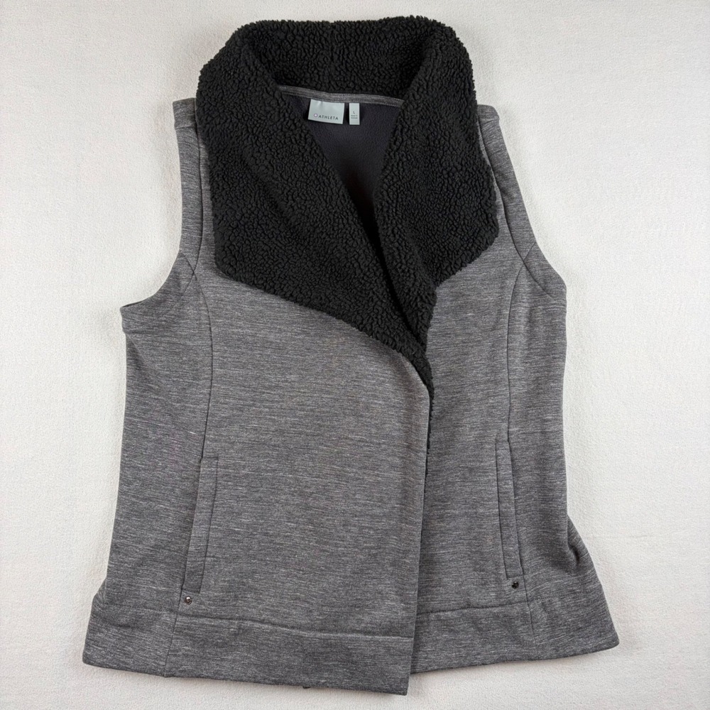 Athleta Apres Open Front Sherpa Soft Relaxed Vest Gray Black Fleece Large
